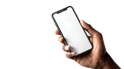Showcase your app on this modern frameless smartphone being held by a hand against backdrop