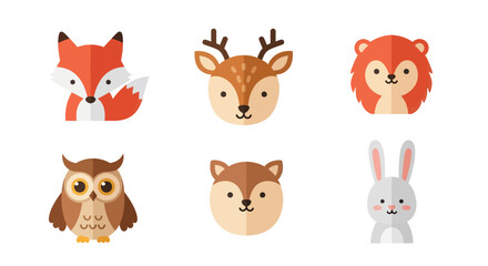 Cute Cartoon Animal Heads Collection - Fox, Deer, Lion, Owl, Raccoon, Rabbit.