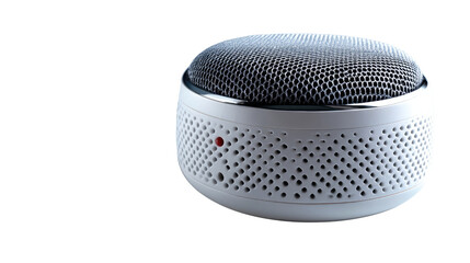 Digital Sound Pod: A sleek, modern sound pod with a minimalist design, featuring a perforated speaker grille and a subtle power indicator, poised to deliver clear audio.