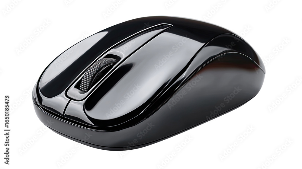Poster black computer mouse: a sleek, black computer mouse rests, displaying its minimalist design and func