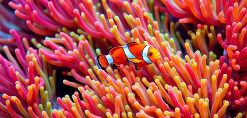 A vibrant orange clownfish darts playfully through a cluster of vibrant purple, green, and red anemones,  ocean life,  sea