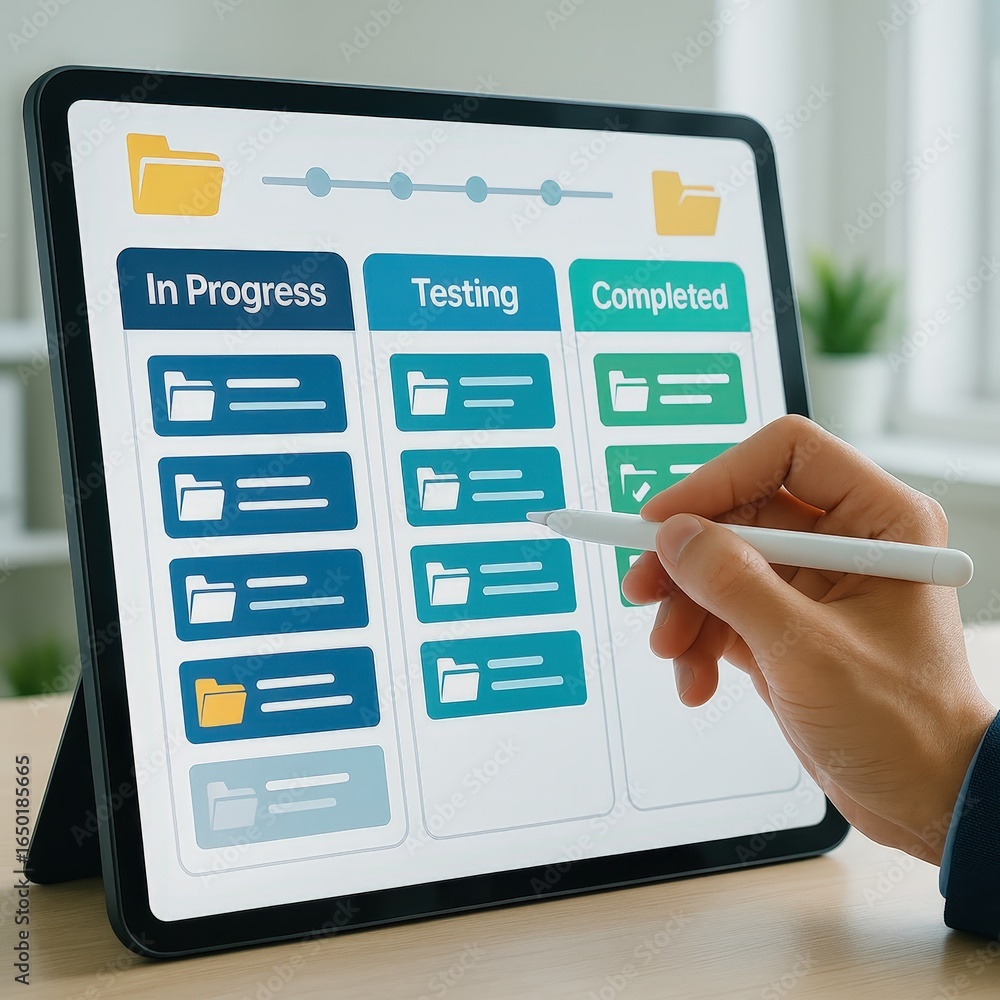 Poster digital project management interface with progress indicators.