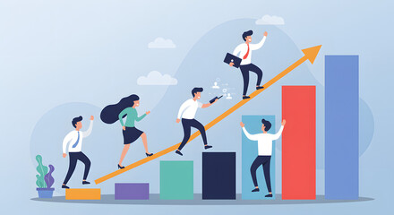 Fototapeta premium Achieving Goals Through Teamwork and Strategy: Business People Climb the Growth Chart, Representing a Journey to Success and Leadership