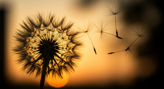 Dandelion seeds blowing in the wind at sunset nature photography wallpaper art