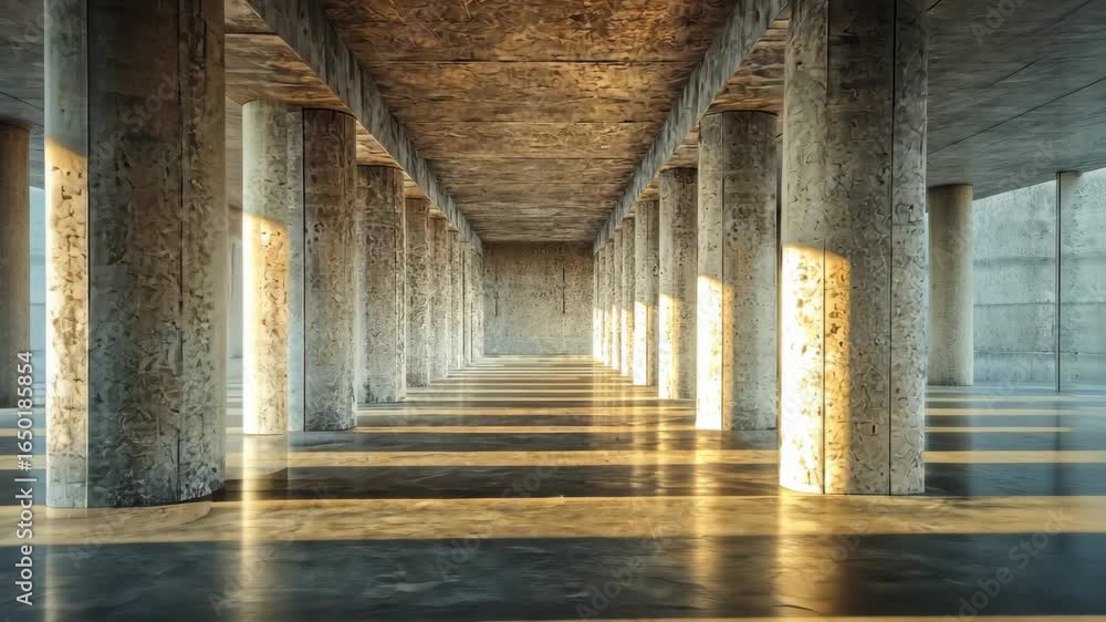 Poster sunlit underground parking garage with concrete columns and modern design