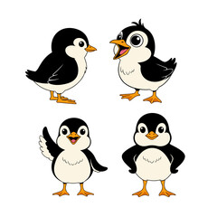 Naklejka premium Four cute adorable baby penguin chicks standing together on white background