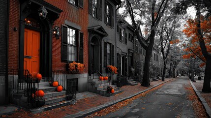 Selective color of autumn street with pumpkins and orange door on brick building facade in boston