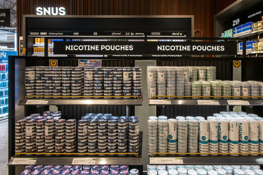 Stockholm, Sweden A display of Zyn nicotine pouches and other snus products in the Arlanda Airport duty-free shop.