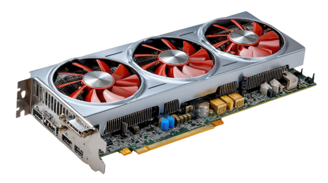 Advanced GPU cooling solution : A cutting-edge graphics processing unit (GPU) showcasing a sophisticated cooling system with powerful fans and intricate circuitry.