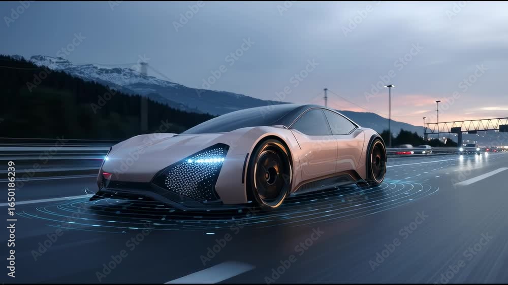 Poster high-tech ev concept car on smart highway with autonomous driving sensors