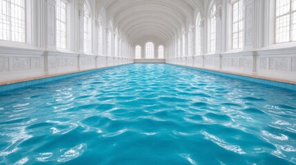 Obraz premium Long indoor swimming pool with ornate white walls and arched windows water