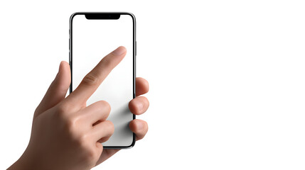 Finger touching blank screen smartphone held in hand for mockup or app advertisement use now