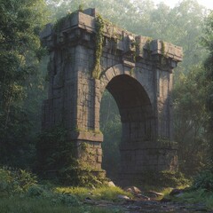 Ruined stone archway in a misty forest