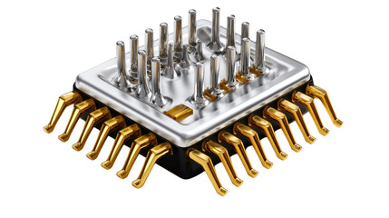 Integrated Circuit Close-Up: A detailed depiction of an integrated circuit showcases its intricate architecture, featuring meticulously arranged pins and a complex, technological essence. 