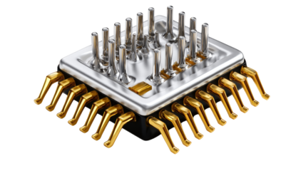Integrated Circuit Close-Up: A detailed depiction of an integrated circuit showcases its intricate architecture, featuring meticulously arranged pins and a complex, technological essence. 