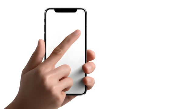 Finger touching blank screen smartphone held in hand for mockup or app advertisement use now