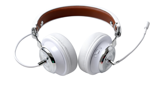 Elegant Audio: Immaculate white headphones exude a minimalist style and sophisticated aesthetic, featuring a brown headband for contrast. - Powered by Adobe