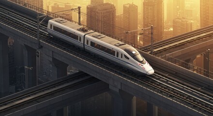 High-speed passenger train traveling on an elevated railway bridge through a modern urban cityscape at sunset