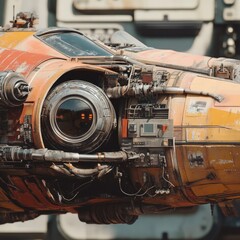Close up of a futuristic orange and yellow spaceship with intricate details