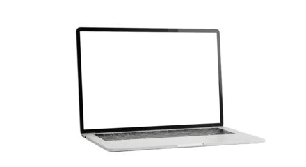Sleek silver laptop with a blank white screen angled view showcasing modern design.