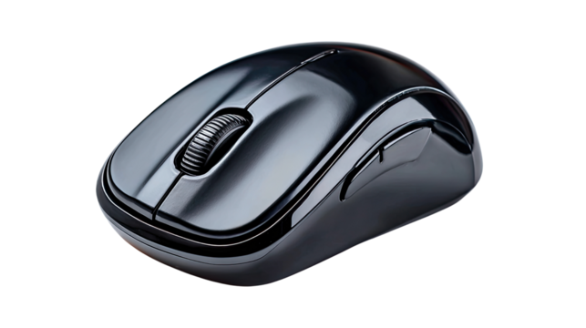 Wireless Black Mouse: A sleek and modern wireless mouse, essential for seamless computer navigation and design, showcasing its elegant form and ergonomic design.