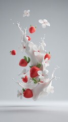 Milk splash with strawberries and flowers