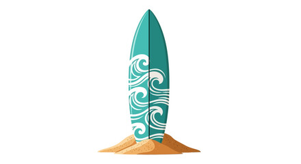 A vibrant teal surfboard with white wave patterns stands upright in golden sand, evoking a sense of summer beach activity.