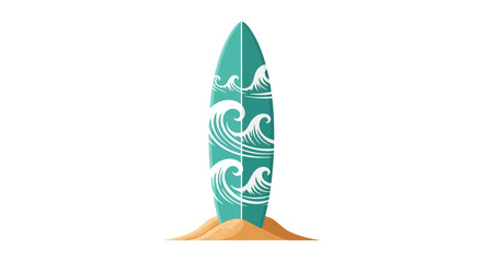 A vibrant teal surfboard with a white wave pattern stands upright in a sandy beach, ready for ocean adventures.