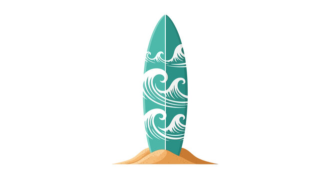 A vibrant teal surfboard with a white wave pattern stands upright in a sandy beach, ready for ocean adventures.