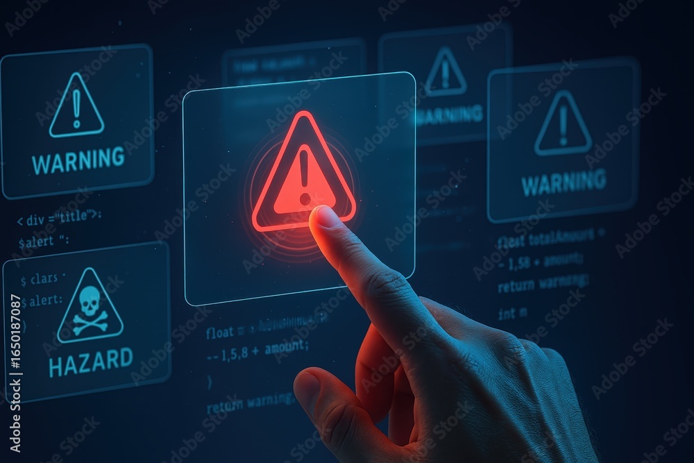 Poster finger touching a red warning symbol on a digital interface.