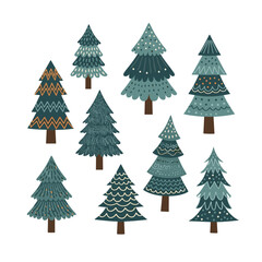Collection of decorative stylized christmas trees with unique patterns and color palettes