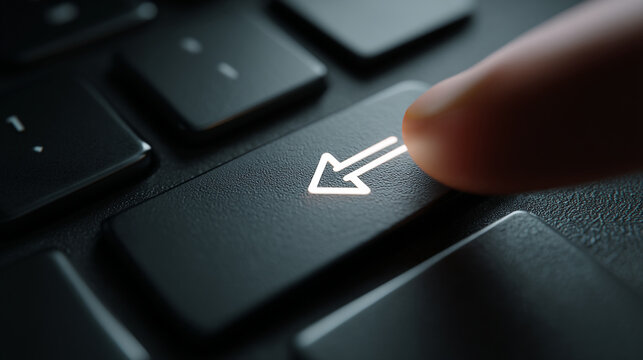 Finger pressing the backspace key on a dark computer keyboard close up