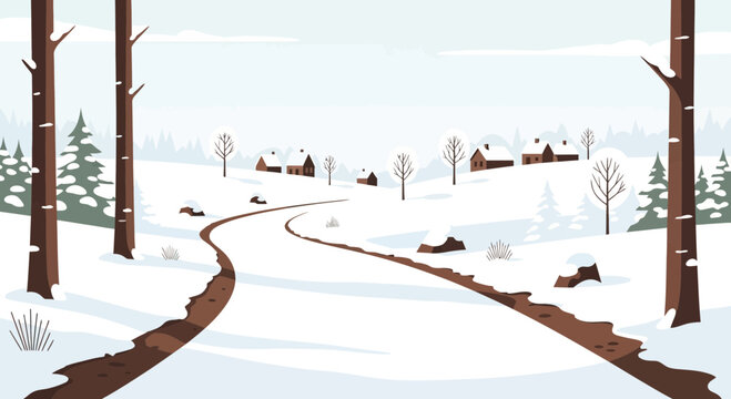 Scenic Winter Landscape With Snowy Road And Cozy Village Houses Artwork
