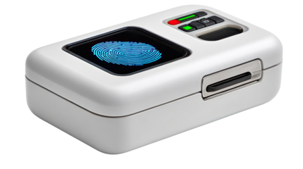 Digital Fingerprint Authentication Device: A high-angle shot showcases a sleek, secure fingerprint reader, featuring a digitally rendered fingerprint on its screen.
