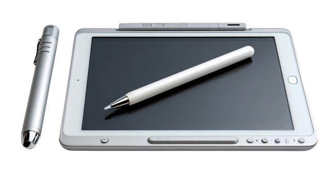 Digital Tablet and Stylus: A sleek, silver tablet and two styluses sit ready for innovative digital art. capturing technology and modernity.