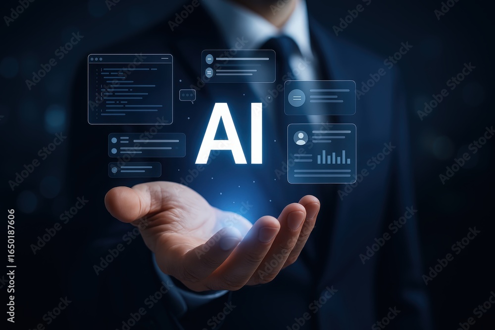 Poster hologram of artificial intelligence displayed in a hand.