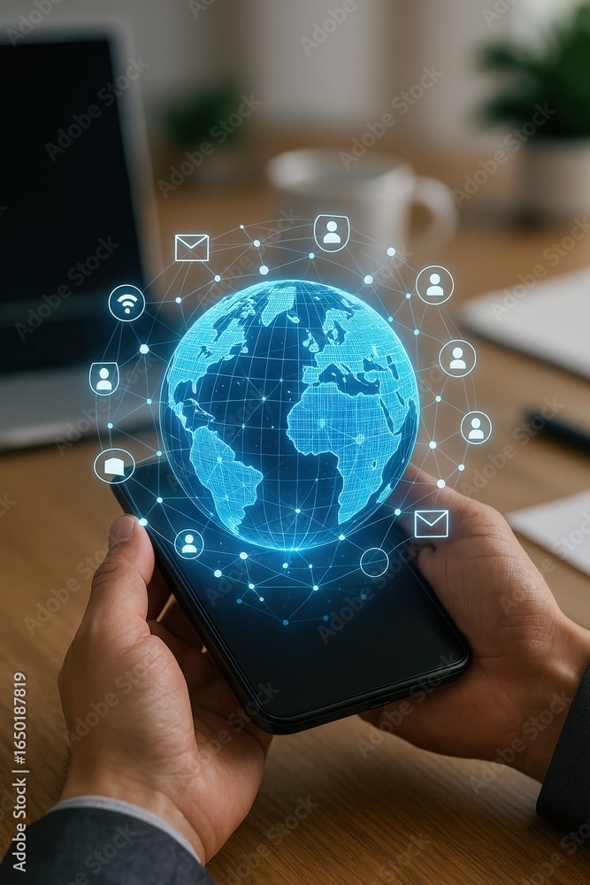 Poster global communication displayed on a smartphone screen.