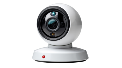 Security Camera at Home: Close-up shot of a sleek, modern security camera, designed for home or office surveillance, conveying a sense of safety and vigilance. 