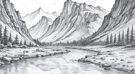 Majestic Mountain Range Landscape with Serene River Scenery Pencil Drawing Wilderness Exploration and Artistic Sketching