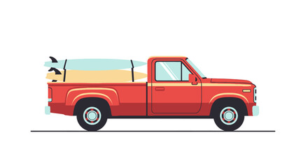 Red pickup truck carrying surfboards, ready for a beach trip.
