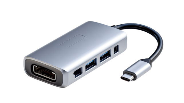 Adapter Technology: A cutting-edge adapter featuring a sleek, metallic design and essential connection ports, signifying modern connectivity and technological advancement.