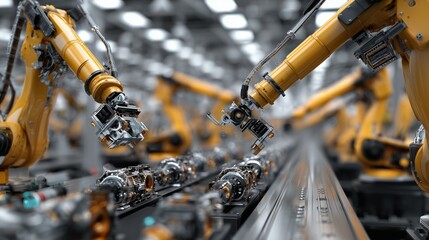 EV production line with robotic arms assembling electric motors, futuristic factory, high detail
