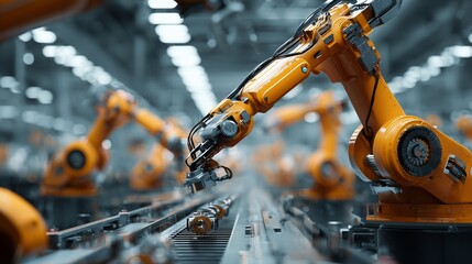 EV production line with robotic arms for assembling electric motors, the factory of the future