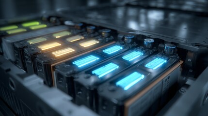 Close-up of electric vehicle battery modules with glowing energy indicators, realistic detail