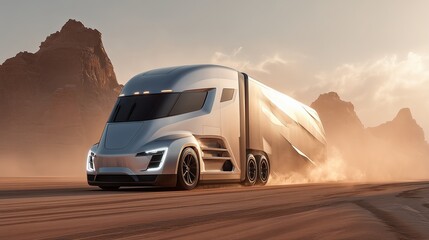 Futuristic electric truck with aerodynamic design on desert test track