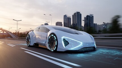 High-tech EV concept car on a smart highway with autonomous driving sensors, photorealistic