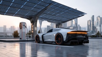 Futuristic electric car charging at a solar-powered station, ultra-realistic, modern city background