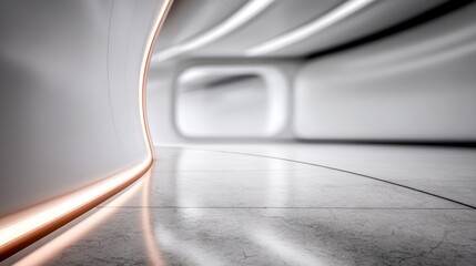 Futuristic interior with curved white walls smooth concrete floor and glowing warm light accents