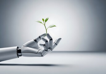 A sleek white robotic hand holds a vibrant green sapling, representing the synergy between artificial intelligence and environmental sustainability.