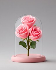 Fototapeta premium Luxury Floral Bouquet with Elegant Arrangement, Three pink roses under a glass dome on a pink base, showcasing elegance and preservation.